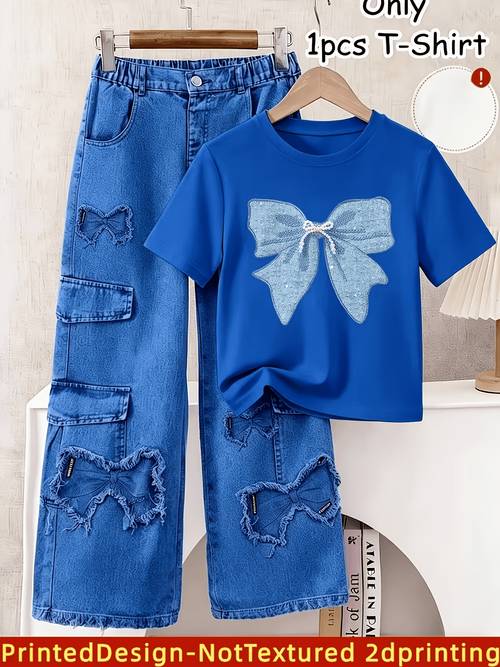 imagen del artículo conjunto para niña con estampado de en 2d sin , camiseta de manga corta, estilo femenino con de de perlas y lentejuelas de , top casual y