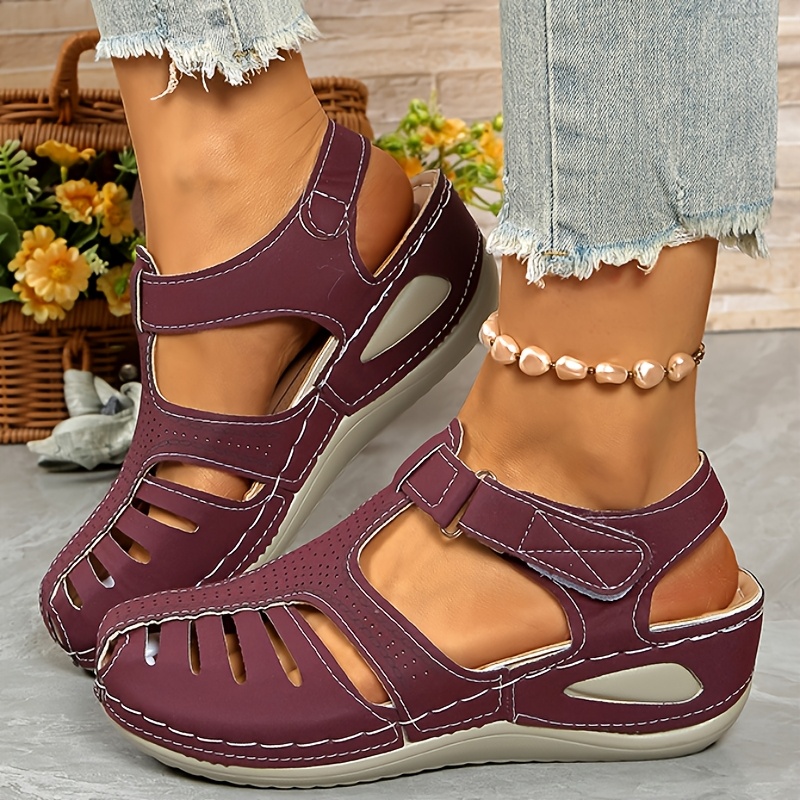 ladies leisure wedge sandals white synthetic cover middle heel with round head hollowed out design breathable and comfortable wear easy to and close durable pu sole fashion versatile shoes and lace up sandals details 1