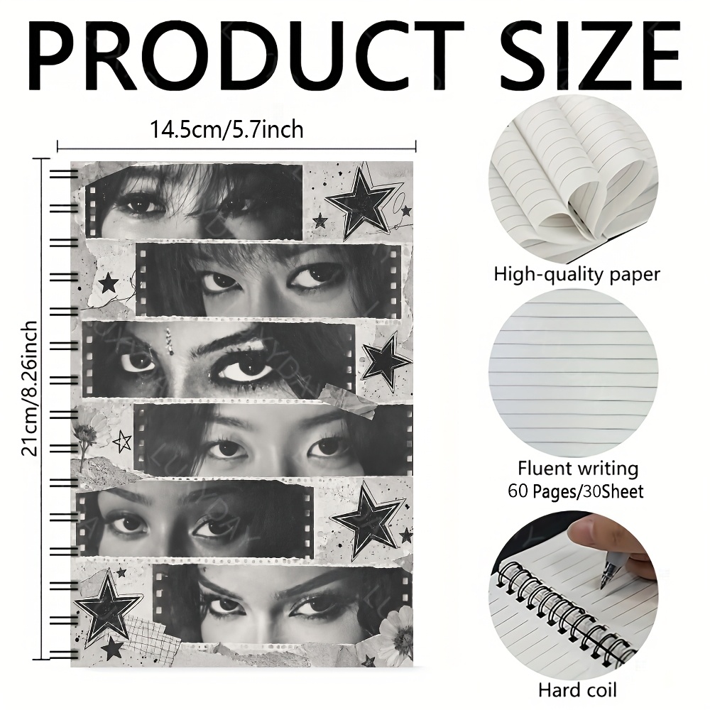 TEMU Black And White Eyes Film Strip Collage With Spiral Notebook, A5, 60 Pages/, 1pc, For Inspiration Scrap Notes, Visual Ideas, And