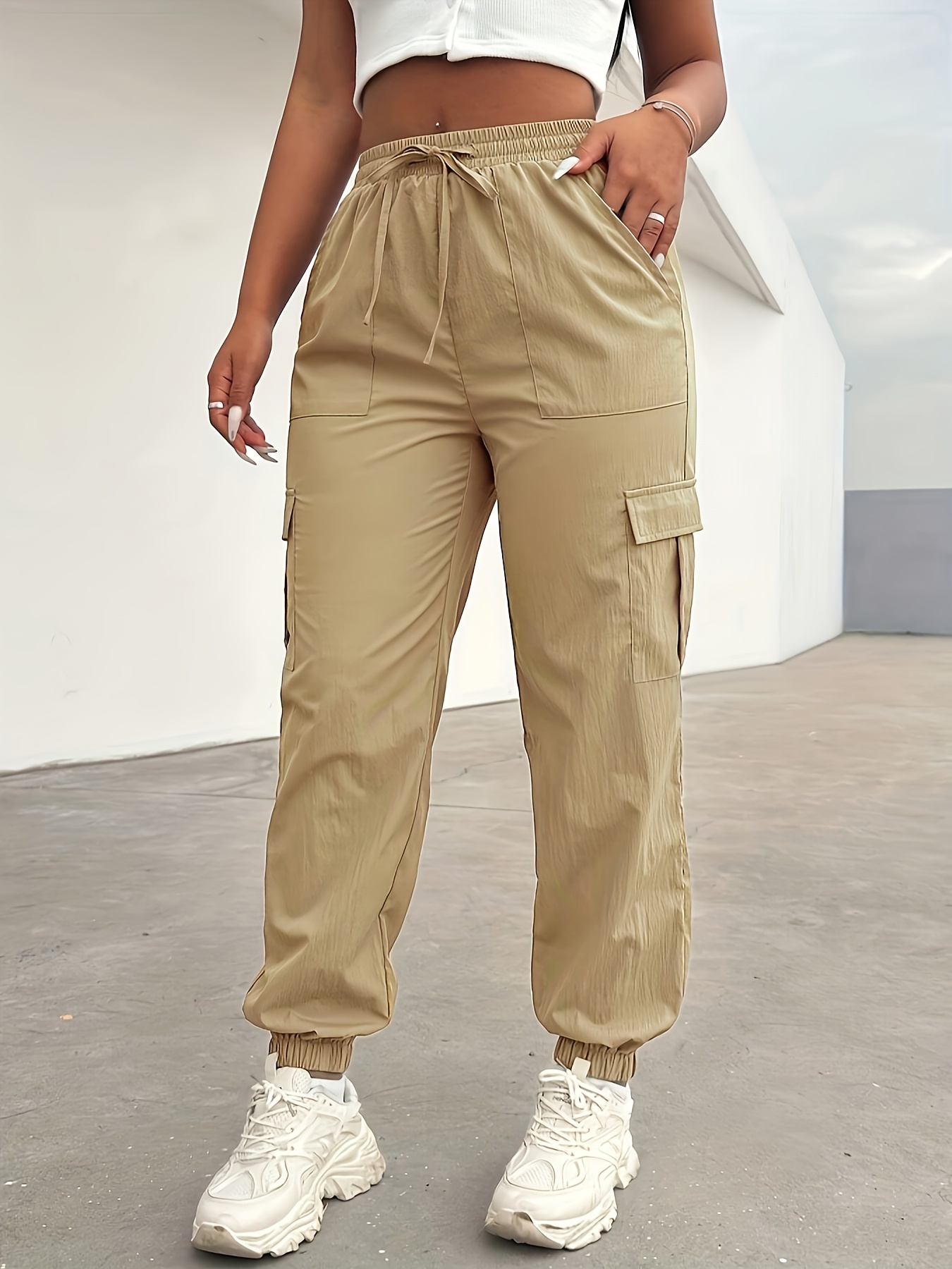 Women'S Casual Cargo Pants with Pockets Polyamide Blend, Solid Color  Woven Fabric, Adult Lounge Workwear Trousers