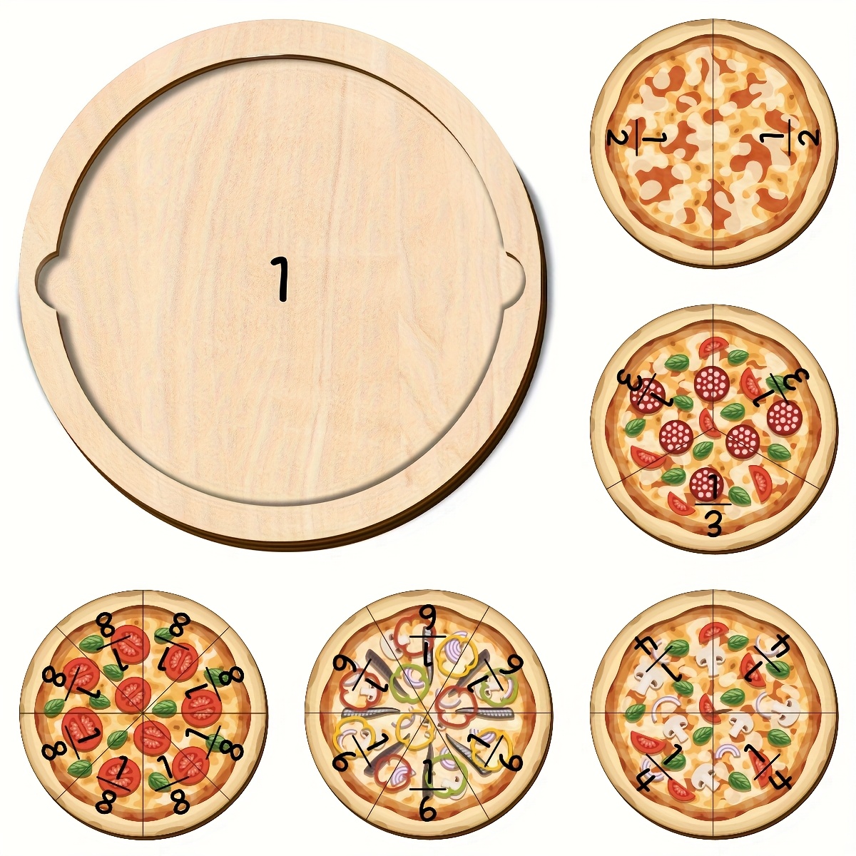 Image of 1 Set Wooden Circular Fractions In Mathematics, 1/8, 1/6, 1/4, 1/3, 1/2; Pizza Design, Educational Aids For Understanding Mathematical Fractions