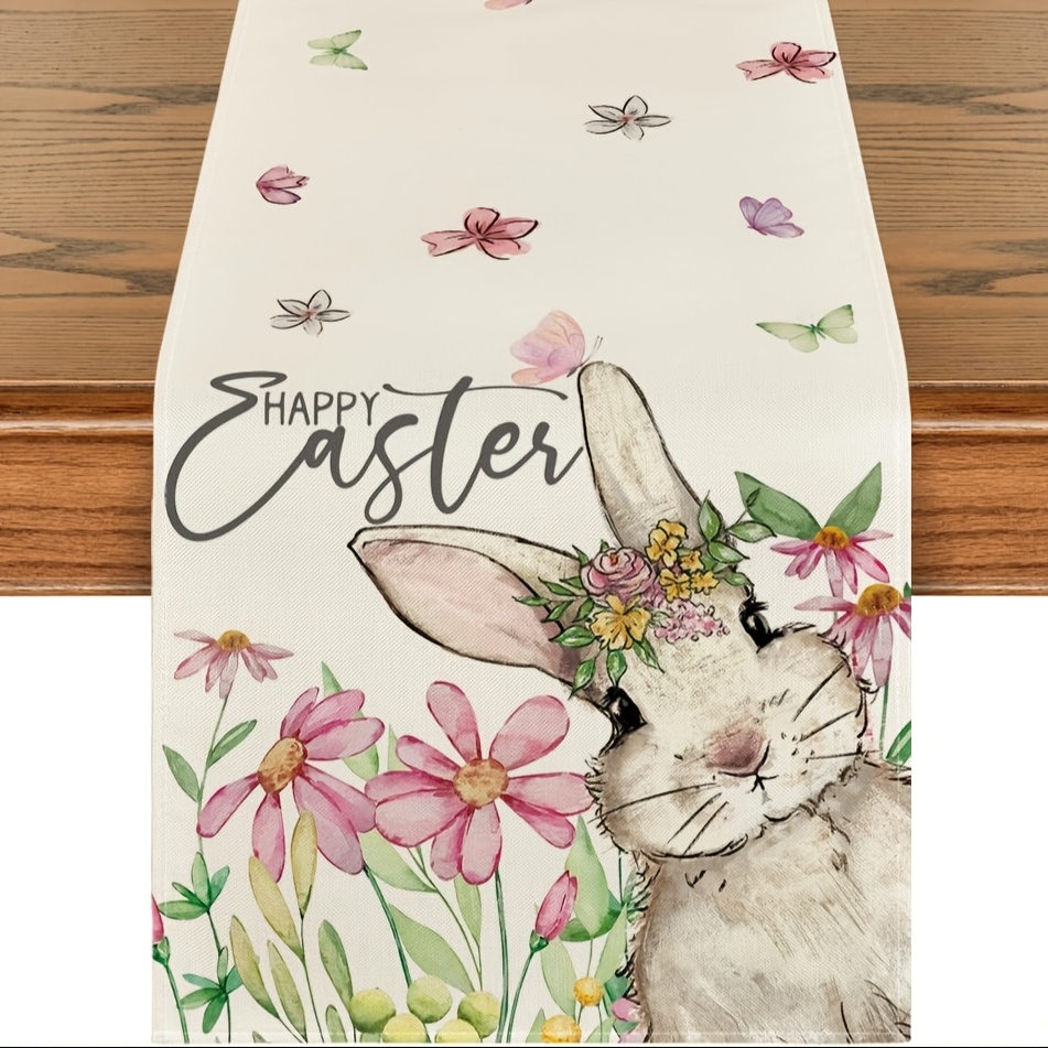 TEMU 1pc, Linen Daisy Bunny Rabbit Easter Table Runner, Seasonal Dining Table Decoration For Home Party Decor, 13x48/13x72/13x108 Inches