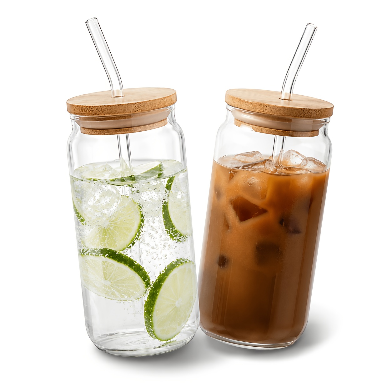 Image of 2 Glass Cups, 18.7oz/550ml Glass With Lid And Straw, Mason Jar Water Cup, Iced Coffee Cup, Glass With Bamboo Lid, Reusable For Iced Coffee, Juice, Milk - Perfect Birthday Gift - Christmas Gift.