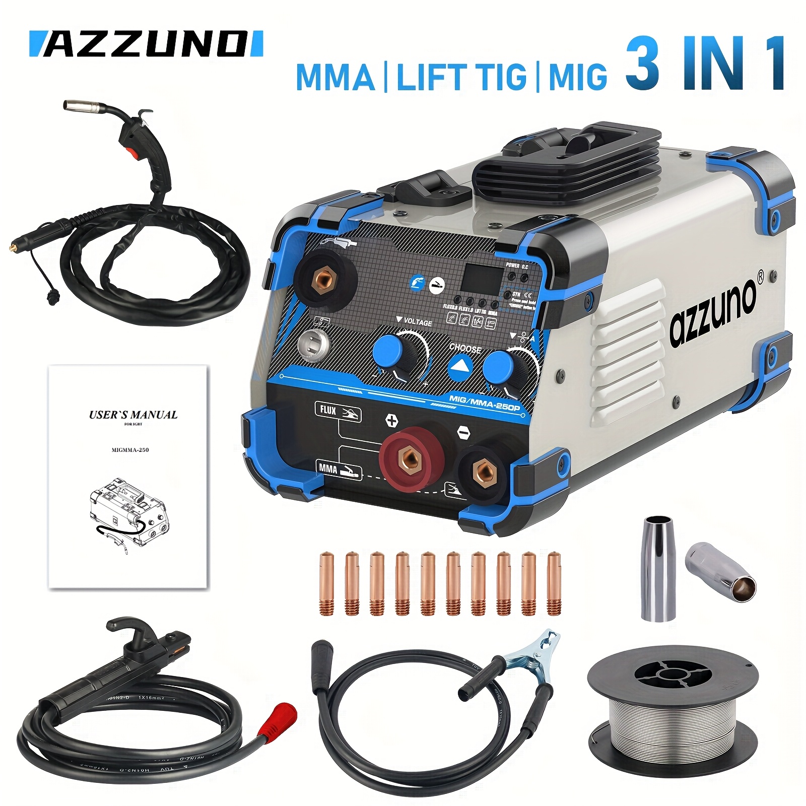 Image of Azzuno Mig/mma-250p 3-in-1 Welder: Industrial-grade Portable Mig/mma/lift Tig Welding Machine With , Cooling System & - Heavy-duty For , Diy, Automotive Metal Welding ( Suitable For Mig, Mma, Tig)