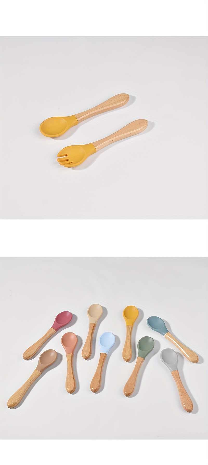 food grade silicone spoon     wooden handle fork and spoon training feeding tableware 2pcs set details 6