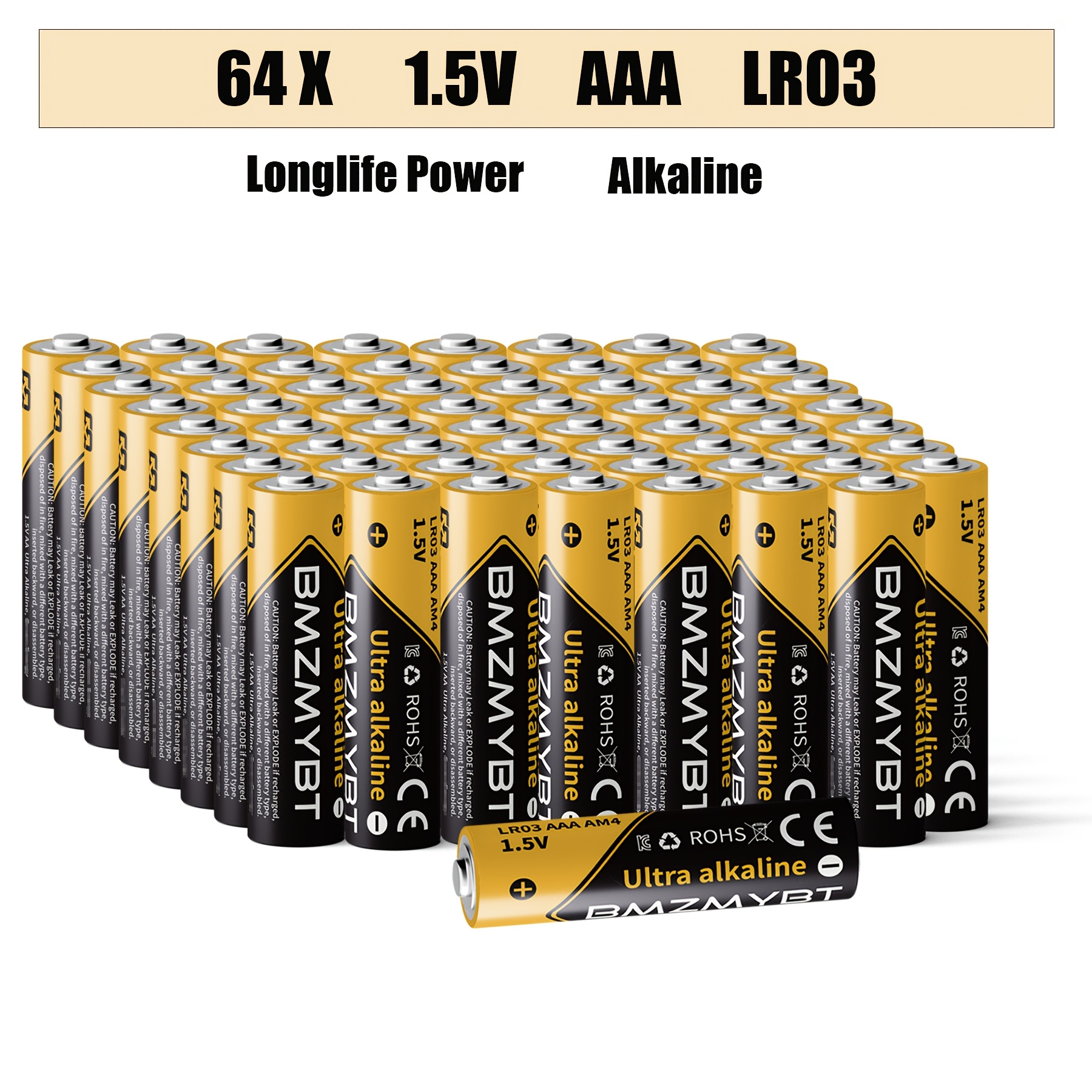 TEMU Pack de 64 Piles Alcalines AAA - Piles pour Lampes Torches, Jouets, Télécommandes, Réveils | Étanches, Non Rechargeables, 1,5 Volt, Durée de