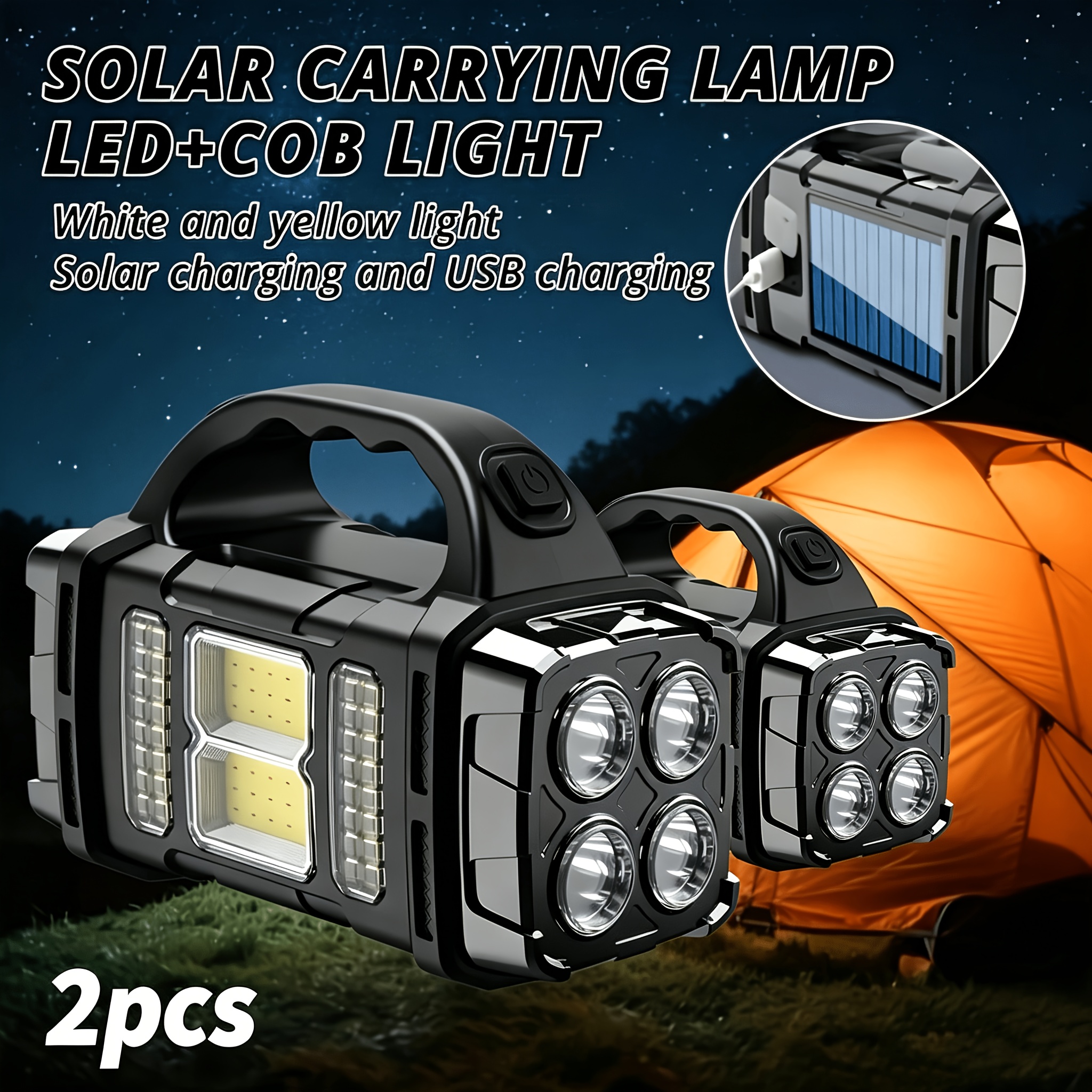TEMU Linterna solar multifunción de 2 piezas, luz de camping COB de 4 LED, /, compatible con carga solar y USB, linterna de para actividades al aire