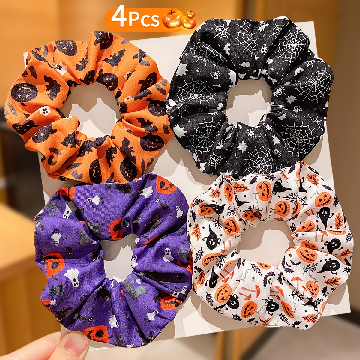 TEMU 4pcs Women's Halloween Printed Large Hair Scrunchies, Soft Fabric Elastic Hair Ties, Decorative Patterns Like Pumpkins, Bats, And , Halloween