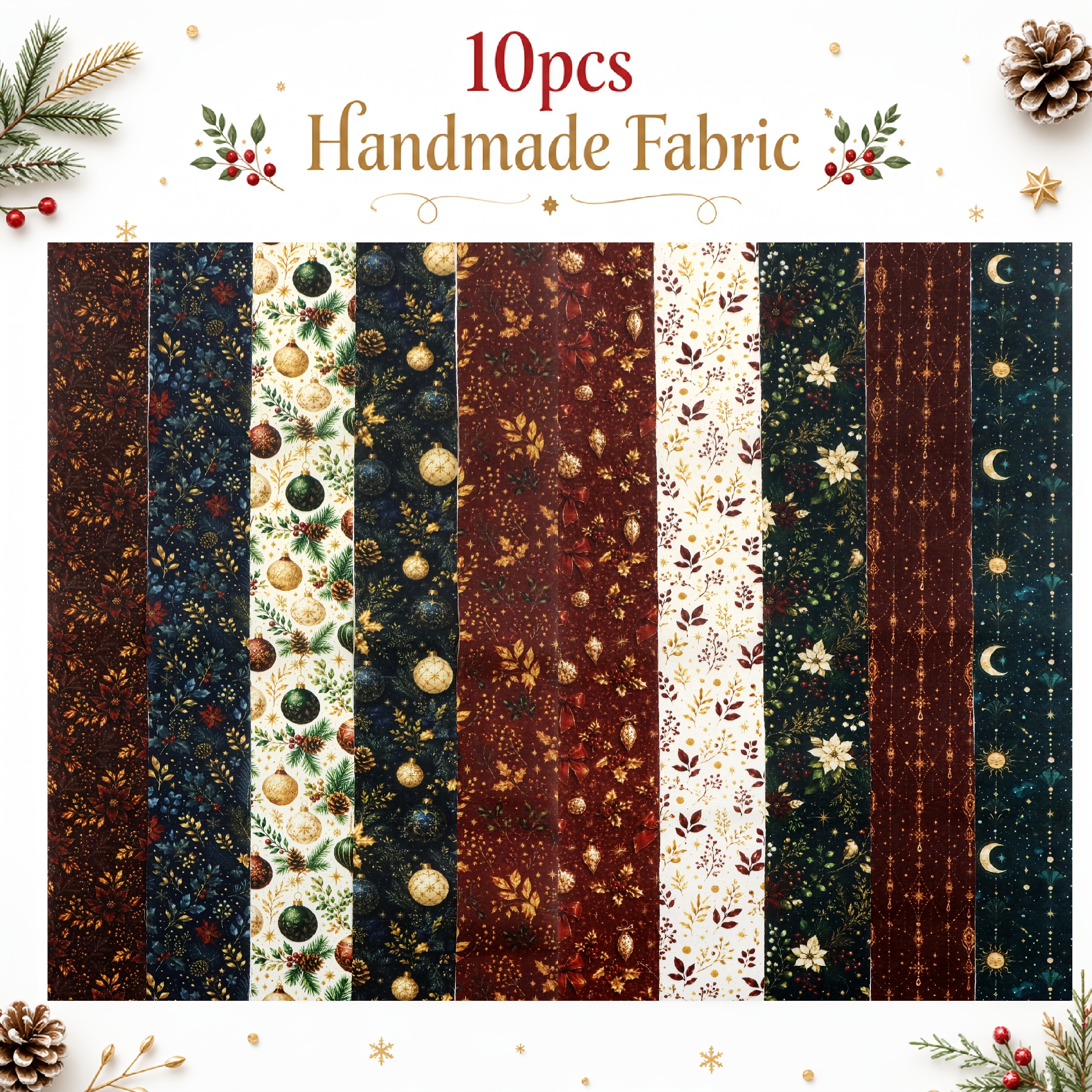 TEMU 10 pièces de bandes de tissu Jelly Roll à motif de cadeau de Noël vintage, 2,5 x 19,7 pouces, prédécoupées, 100 % polyester pour patchwork de