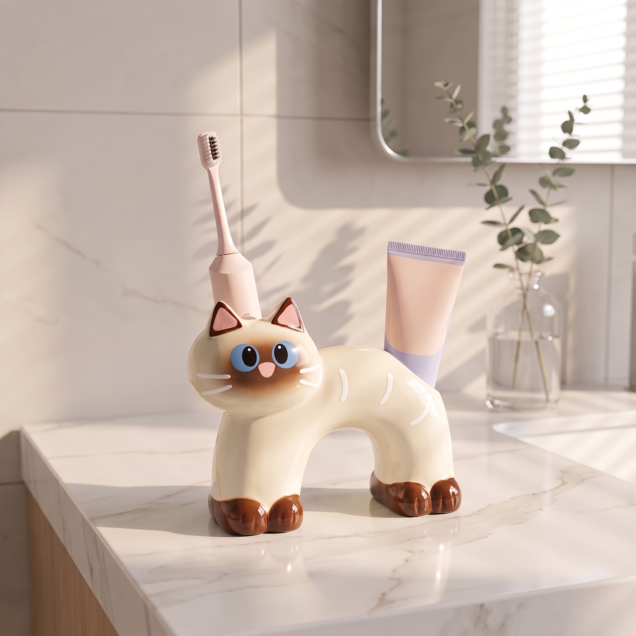 Image of Ceramic Cat Toothbrush Holder, Cute Countertop Toothpaste Organizer, Bathroom Storage Stand For All Types Of Toothbrushes, Decorative Tabletop Bathroom Accessory