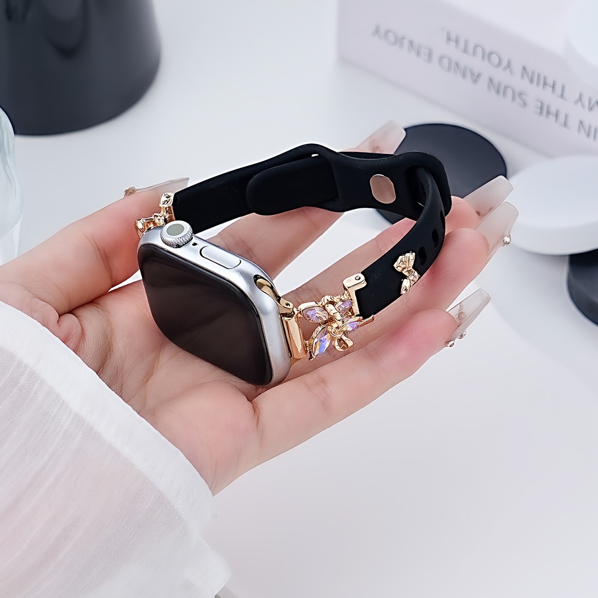 TEMU 1pc Bracelet de montre en silicone papillon en cristal pour femmes, compatible avec Apple Watch, adapté aux modèles 38 mm, 40 mm, 41 mm, 42 mm,