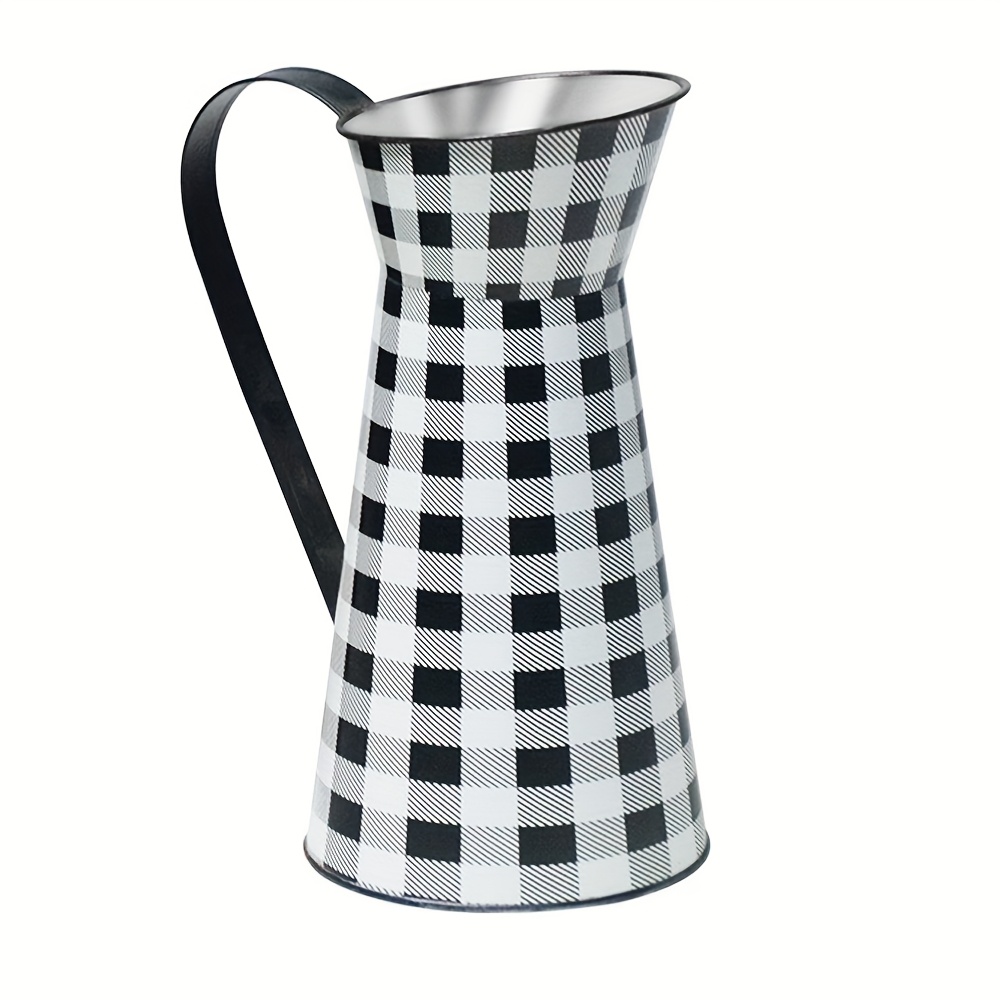 E-shop 1 Stück Metall Druck karierte Weihnachtsdekoration Kaffeekanne Vase Milchkännchen rustikale verzinkte Blumentopf, 9,84 Zoll (ca. 25 cm)