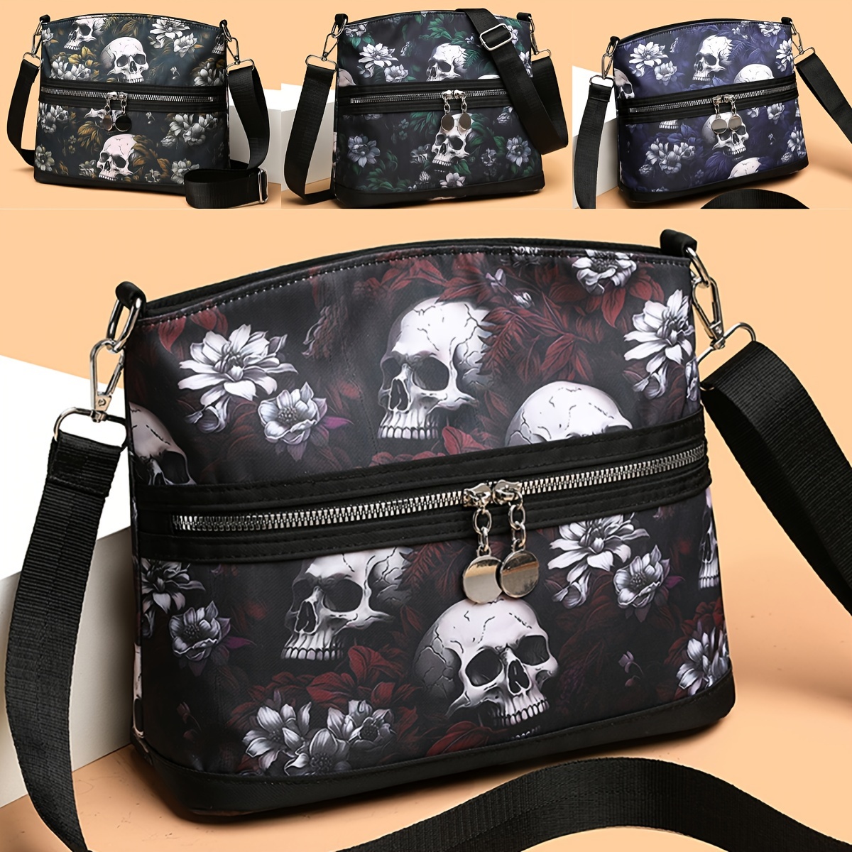 

Gothic Floral Skull Crossbody Bag For Women, Shoulder Bag, Punk Style Casual Daily Commuter And Work Bag With Adjustable Strap, Multi-functional Travel Purse