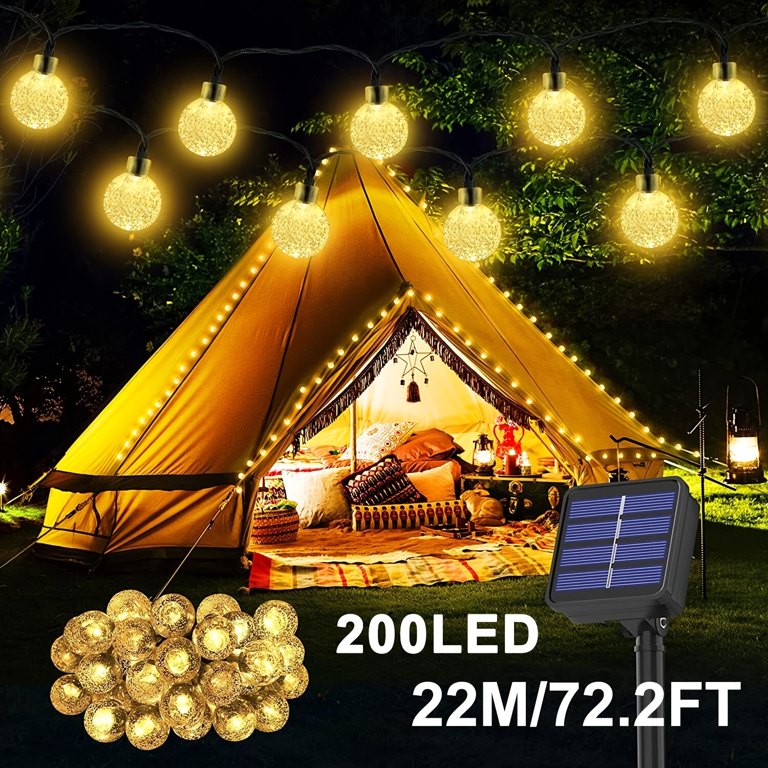 TEMU Solar String Lights Outdoor, 22m/12m Led Crystal Lights Solar Powered Patio Lights, 8 , Festoon Fairy Light For Garden Outdoor Decorations, Warm