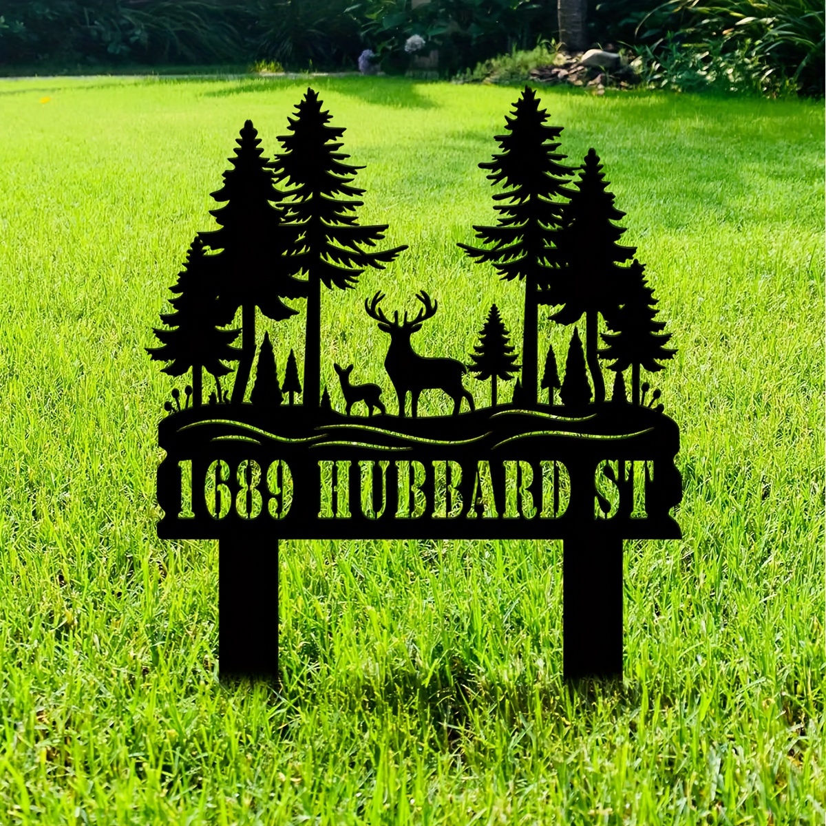 

Custom Metal Address Sign With Deer And Trees, Vintage Style Wall Hanging House Number Plaque, Multipurpose Outdoor Stake Garden Decor, No Electricity Required