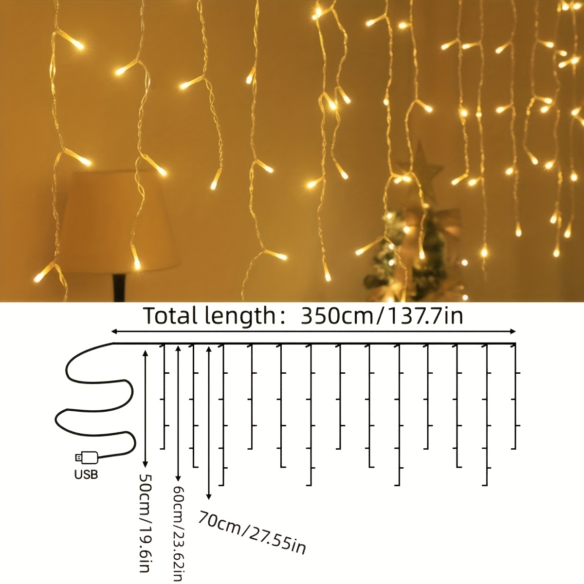 TEMU Guirlande Lumineuse LED Rideaux en Cristal avec Étoiles, Décoration de Fenêtre USB 8 , Disponible en Plusieurs Couleurs et Blanc Chaud. Convient