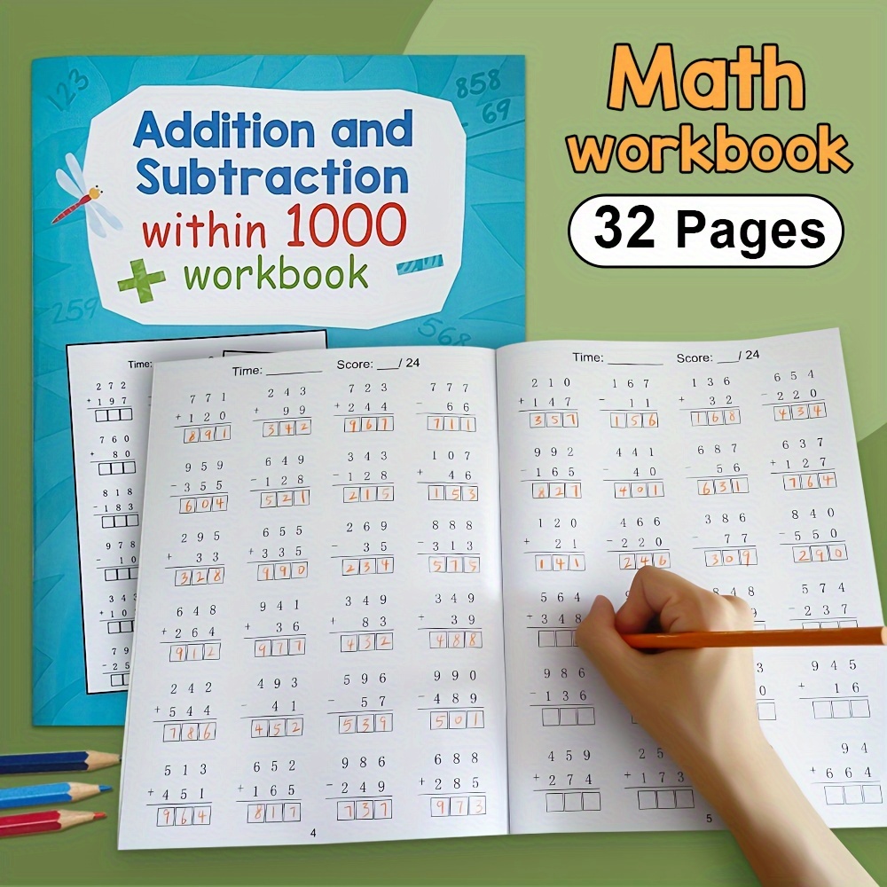 TEMU 32 Pages Math Learning Workbook, Addition And Subtraction Wthin 1000, Math Practice Worksheets Learning Activities Worksheets