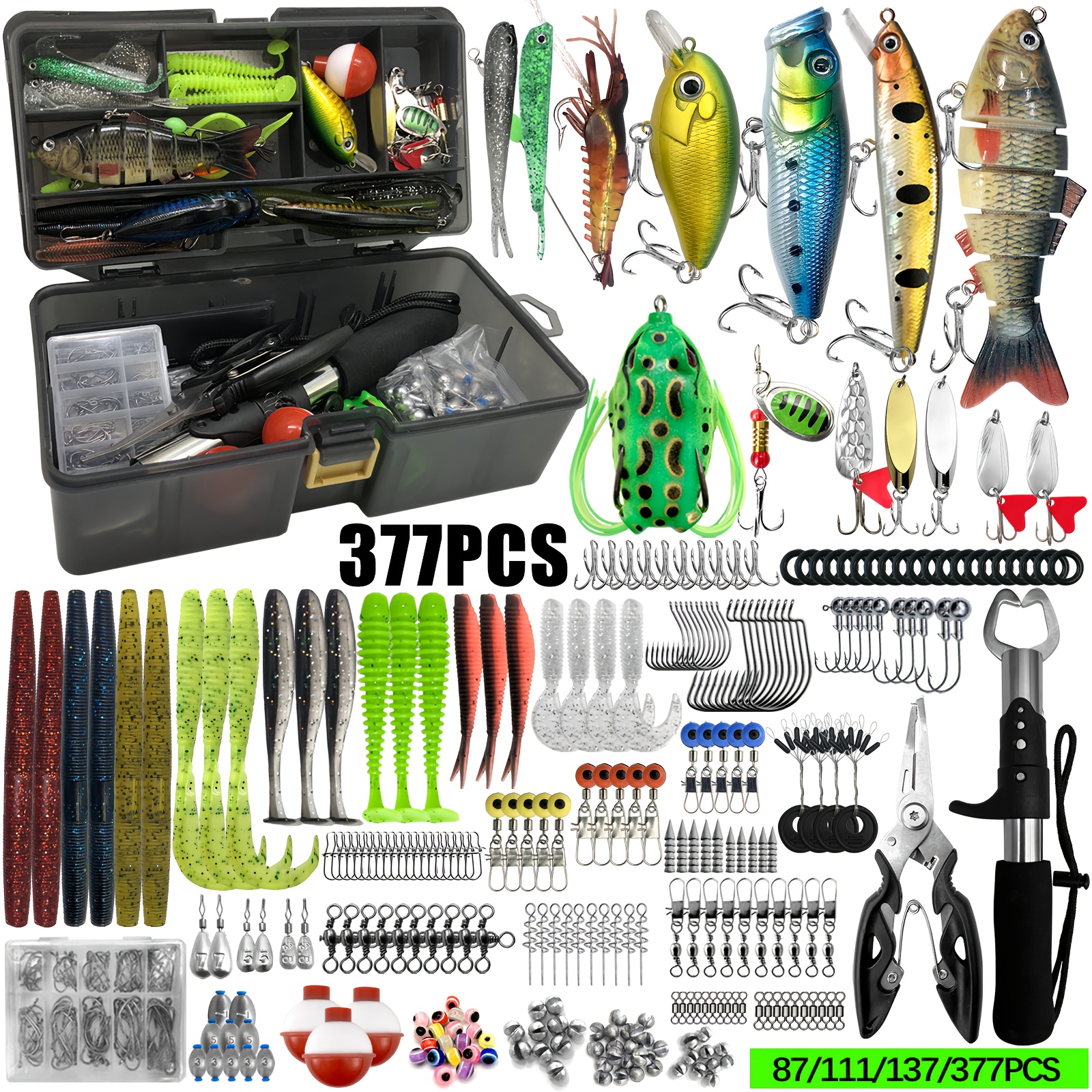 Lot de 60 leurres en plastique souple, boîte de leurres de pêche souples avec manivelle en acier inoxydable, crochets artificiels en T Tail PVC, pour