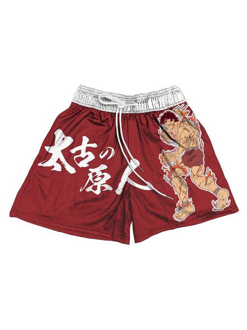 mens anime basketball shorts breathable double layer design with martial arts print red white drawstring waist for summer sports beach and fitness