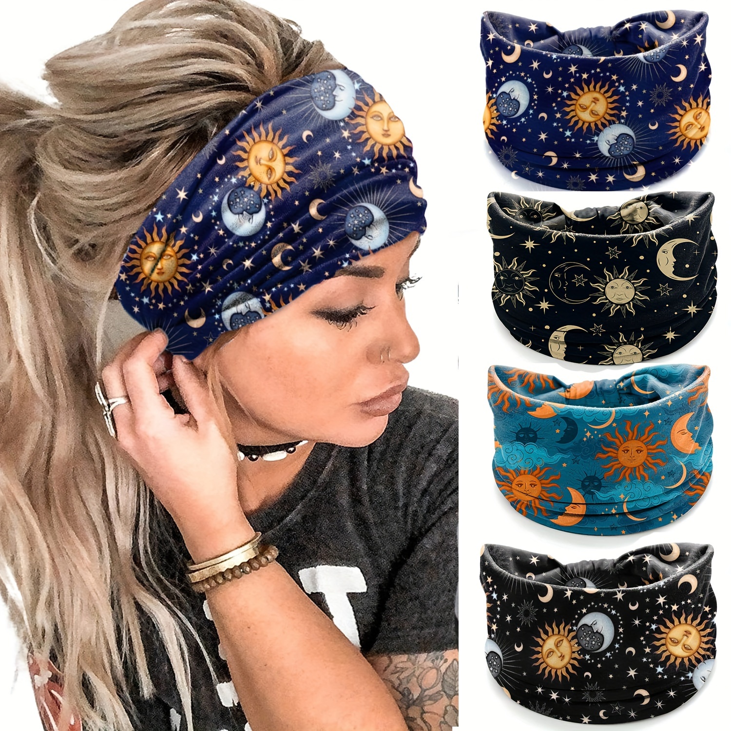 

4pcs/set Moon Sun Pattern Printed Wide Brimmed Head Bands Non Slip Knotted Head Wear Stylish Hair Accessories For Women And Girls