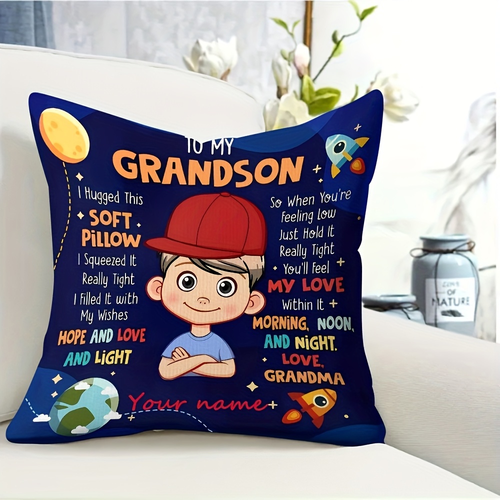 TEMU 1pc, Short Plush Pillowcase, "to My Grandson" Heart-shaped Cushion Cover, Machine Washable, Zipper Polyester 100% Pillowcase, 18x18 Inches,