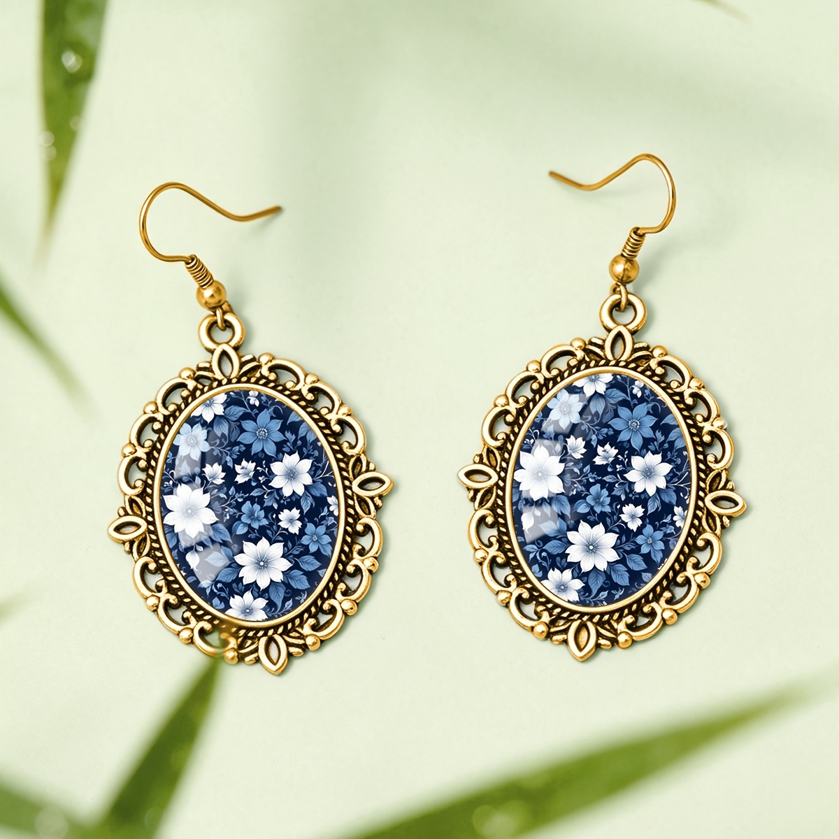 Navy Floral Pattern Oval Glass Lace Earrings