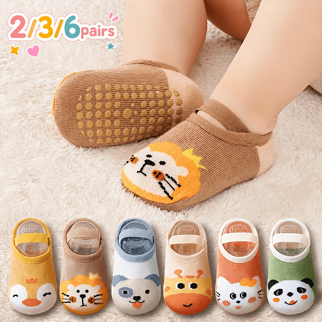 Multi-Pair Children's Anti-Slip Floor Socks, Cute Cartoon Designs