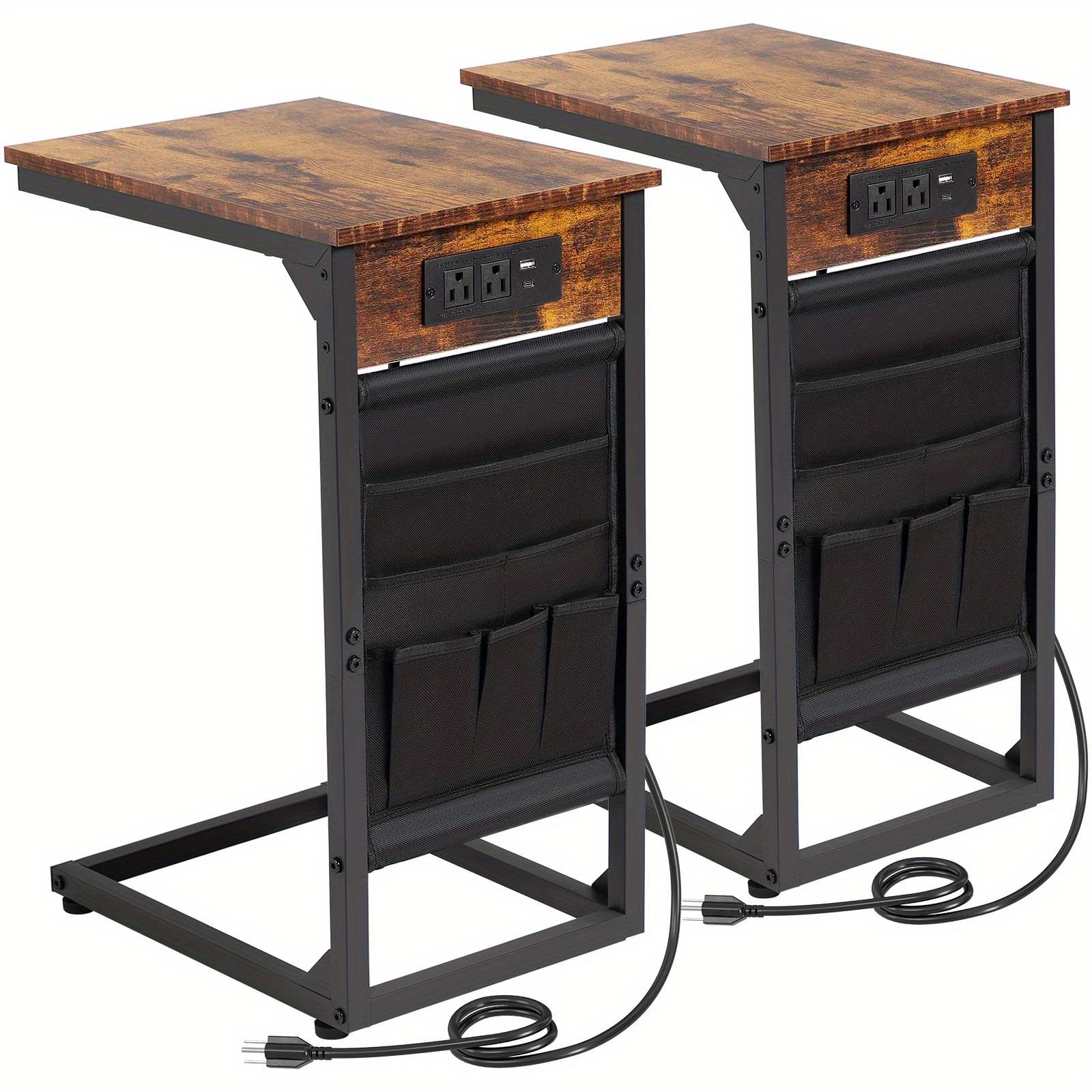TEMU Amhancible 2pcs Side Table, Living Room Side Table, Sofa Table, Metal Frame, With Usb Charging Port On The Side, Small Storage Bag On The Side,