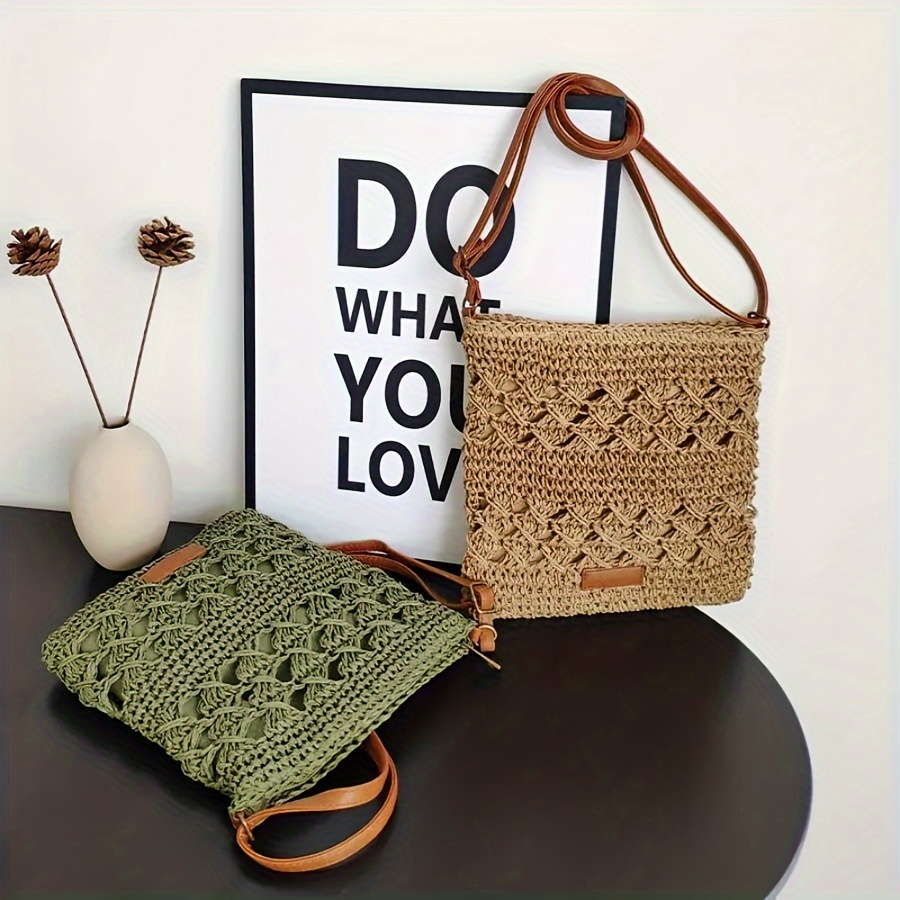 

Women Straw Bags For Mesh Beach Bag Woven Fashion Shoulder Top-handle Bag Hand-woven Adjustable Zipper Crossbody Bags For Vacation Beach Bag