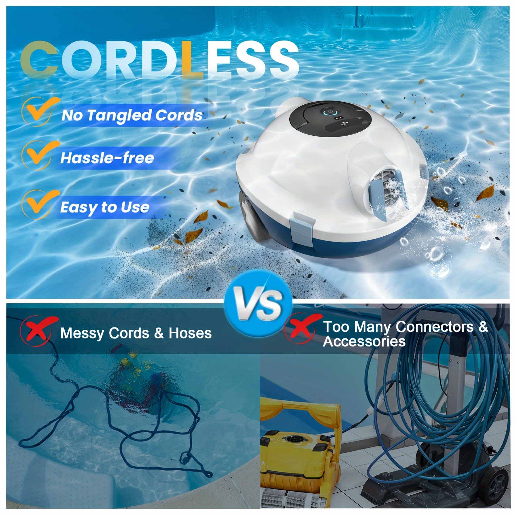 

Cordless Robotic Pool Cleaner, Powerful Automatic Pool Vacuum, 90 Mins Runtime, Self-parking, Lightweight, Ideal For Above/in-ground Pool About 65 Ft/1100 Sq.ft