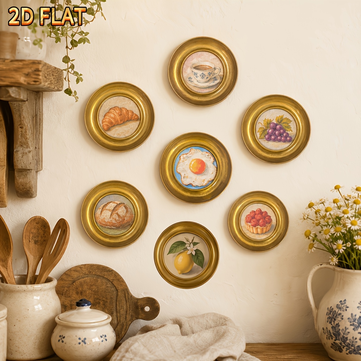 TEMU 2D, Juego de 7 piezas de decoración de pared redonda de madera con estampados planos 2D de comida y frutas vintage en miniatura, estampados de