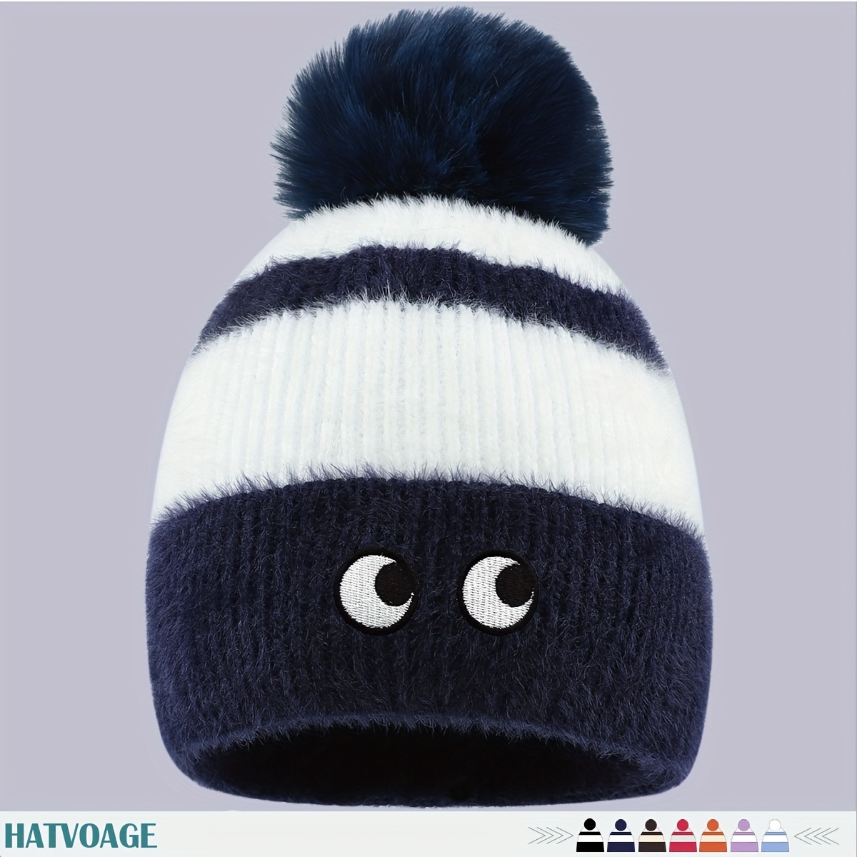 TEMU 1pc Fun - Embroidered Eyes Christmas Themed Fluffy Plush Ball Winter Beanie Hat - Unisex, Multiple Colors , Couples Running Cap, Trendy Sporty