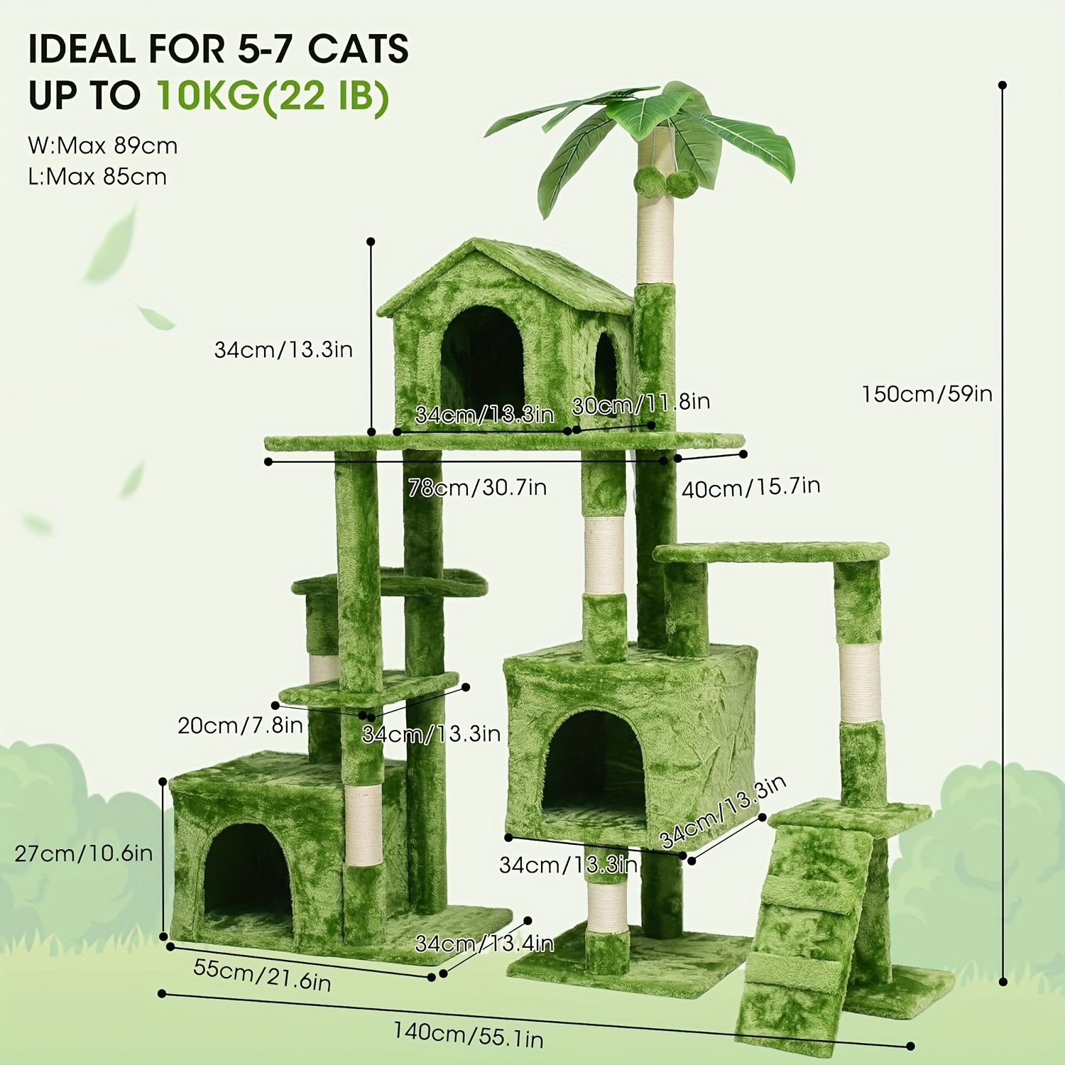 59" Sturdy Cat Tower Designed For , Cat Structure, Cat , Cat Furniture Featuring Enclosed Scratching Posts, Plush, 2 Condos & A Basket, Detachable Hammock, Suitable For Kittens And Adult Cats