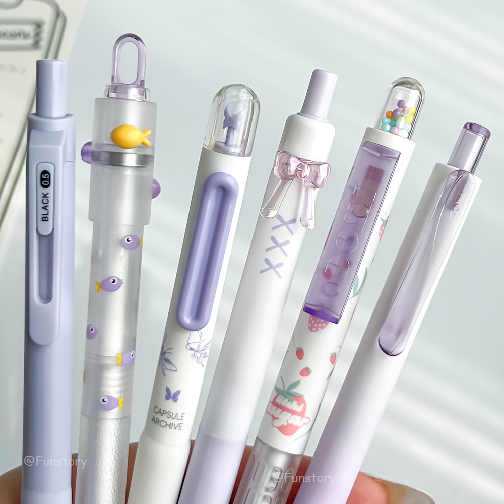 TEMU 6pcs Fun Purple Series Gel Pen Set 0.5mm Creative Combo Quick-dry Pens Bow Small Fish Strawberry Style Black Writing Pens For Study And Office
