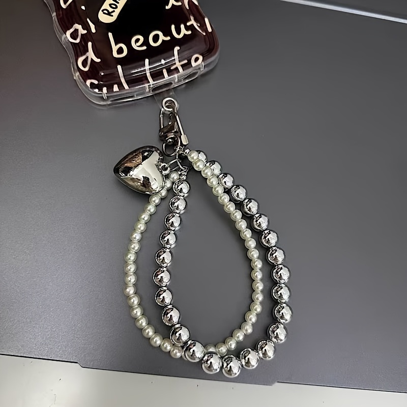 

1pc Double Silvery Electroplated Beads Diy Cute Gift Pendant Mobile Phone Bag Key Hanging Bracelet Round Head Pendant Short Portable Wrist Strap Chain Mobile Phone Case Universal