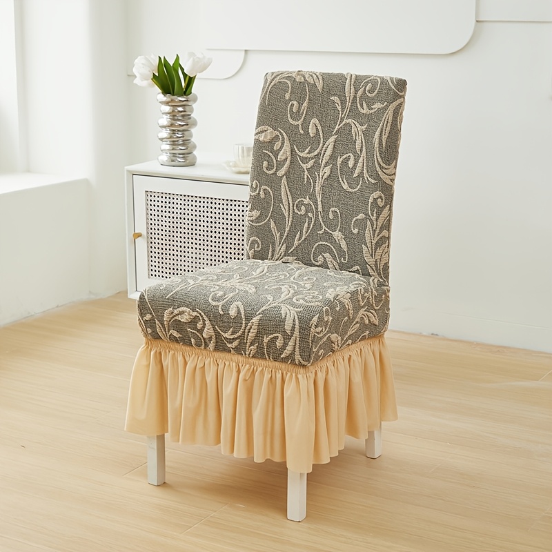 

Luxury Jacquard Knit Dining Chair Cover With Skirt Hem, Stretchable Polyester Spandex , Ideal For Kitchen, Office, Hotel, And Home Decor, Embroidery Pattern