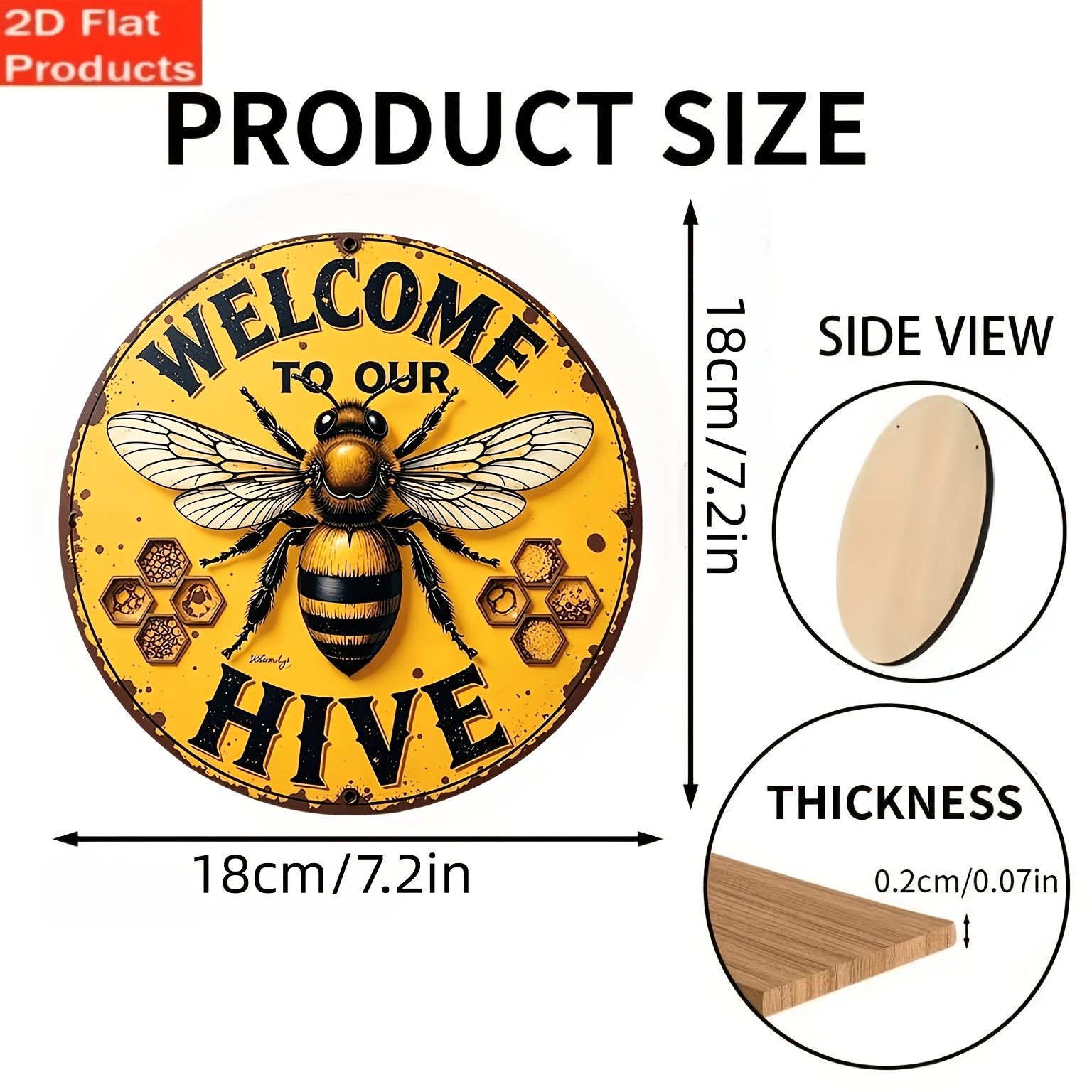 TEMU Art mural en bois plat 2D, 1 pièce, style rétro " dans notre ", panneau rond en bois avec motif d'abeille et de , fond jaune de , décoration