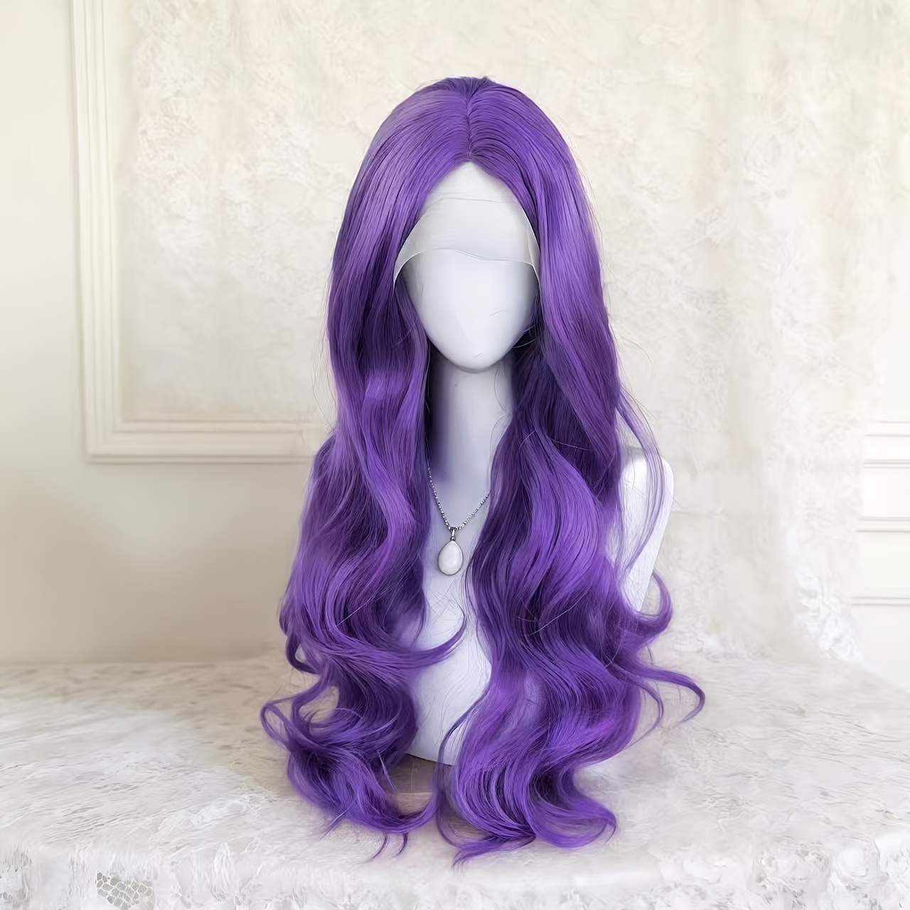 TEMU Medium-parted Long Wavy Curly Wig, Purple Long Curly Wig, 28-inch Length Suitable For Women' Use, Parties, Festivals, And Halloween