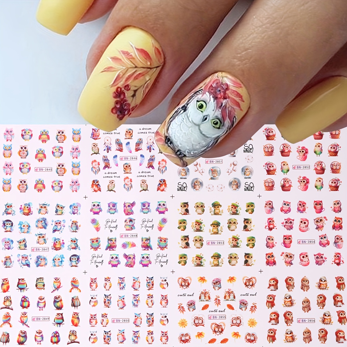 12pcs Cute Cartoon Owl Nail Sticker Watercolor Animal Birds Designs Water Transfer Decals Autumn Nail Decoration Foils