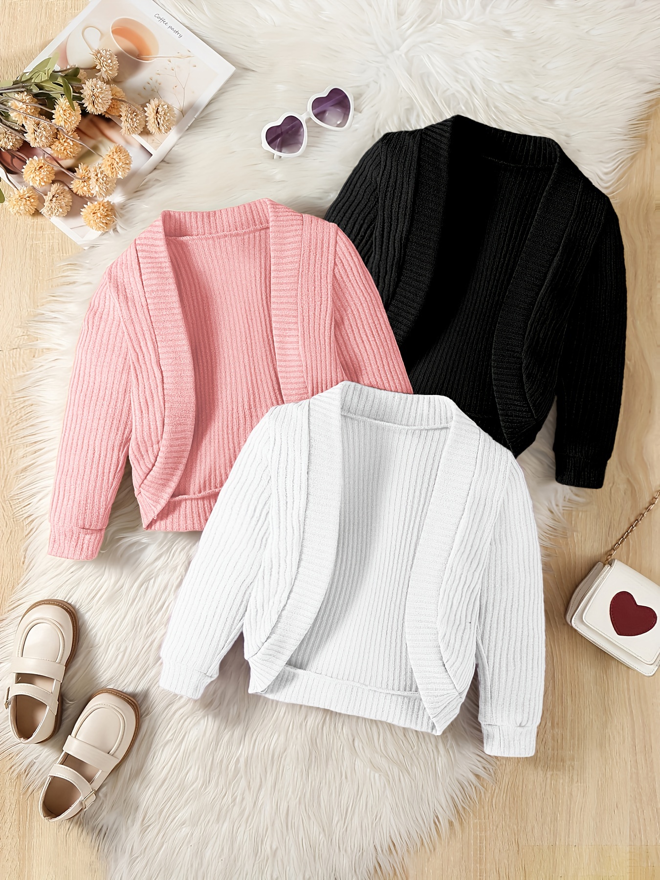 Girls' 3pcs New Spring/Autumn Solid Color Basic Comfortable Versatile Stylish Cardigan