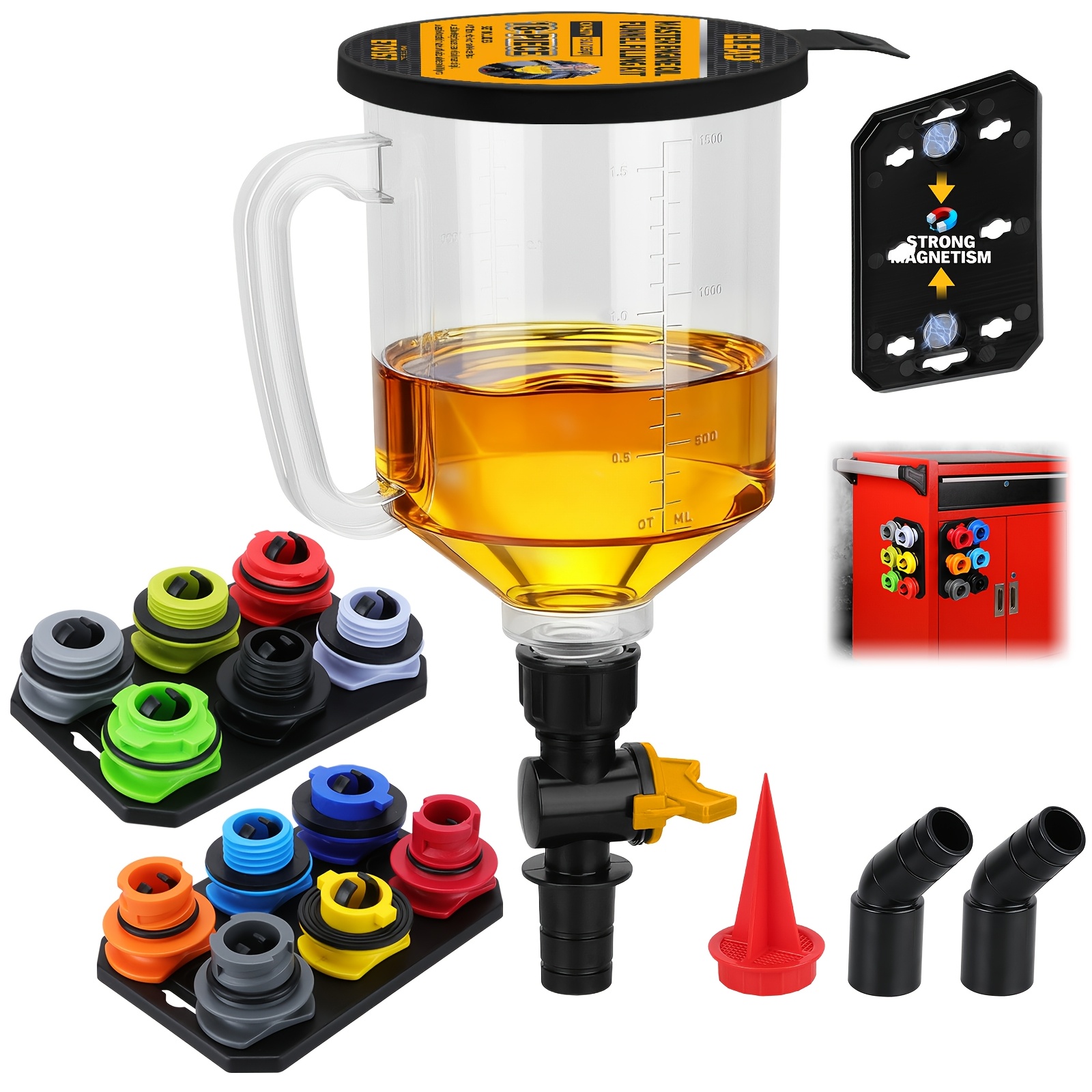 TEMU 18pcs Engine Oil Funnel Kit, 1.59qt/ 1.5l Automotive Coolant Funnel Set, 12 Adapters, Elbow Fitting, Arrow Screen And Magnetic Storage Tray,