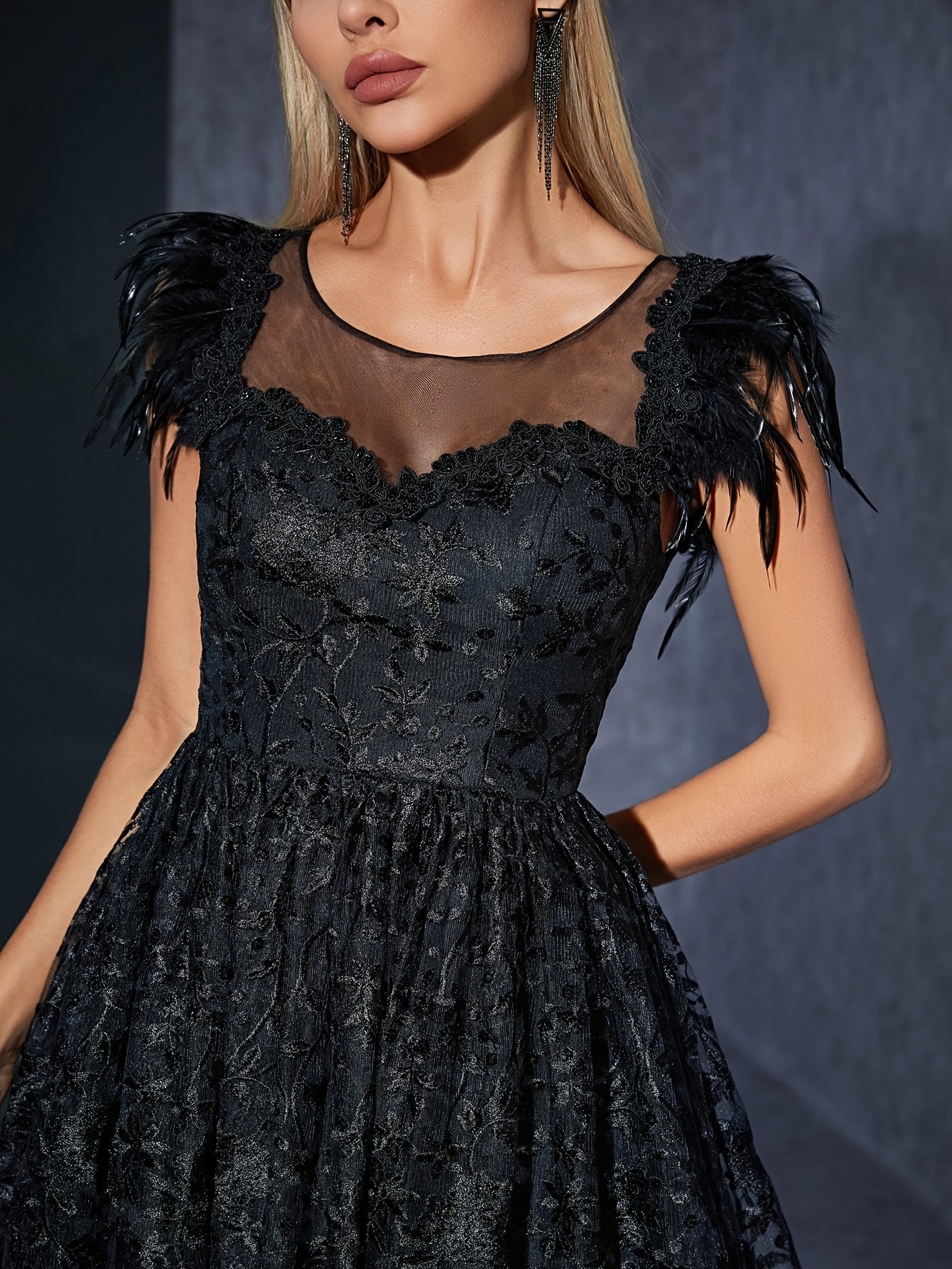 elegant black lace gown sheer mesh overlay Temu Philippines