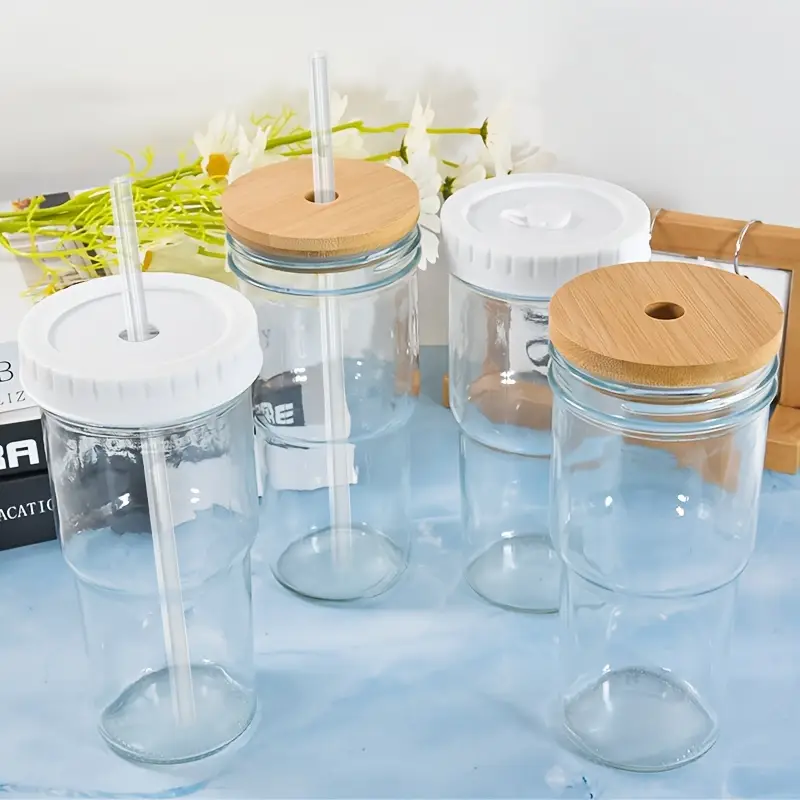 pack of 4 glass cups with bamboo lids and glass straws 24oz glass tumbler with two lid and straw wide mouth boba cup smoothie tumbler iced coffee cup travel mug Product details 6