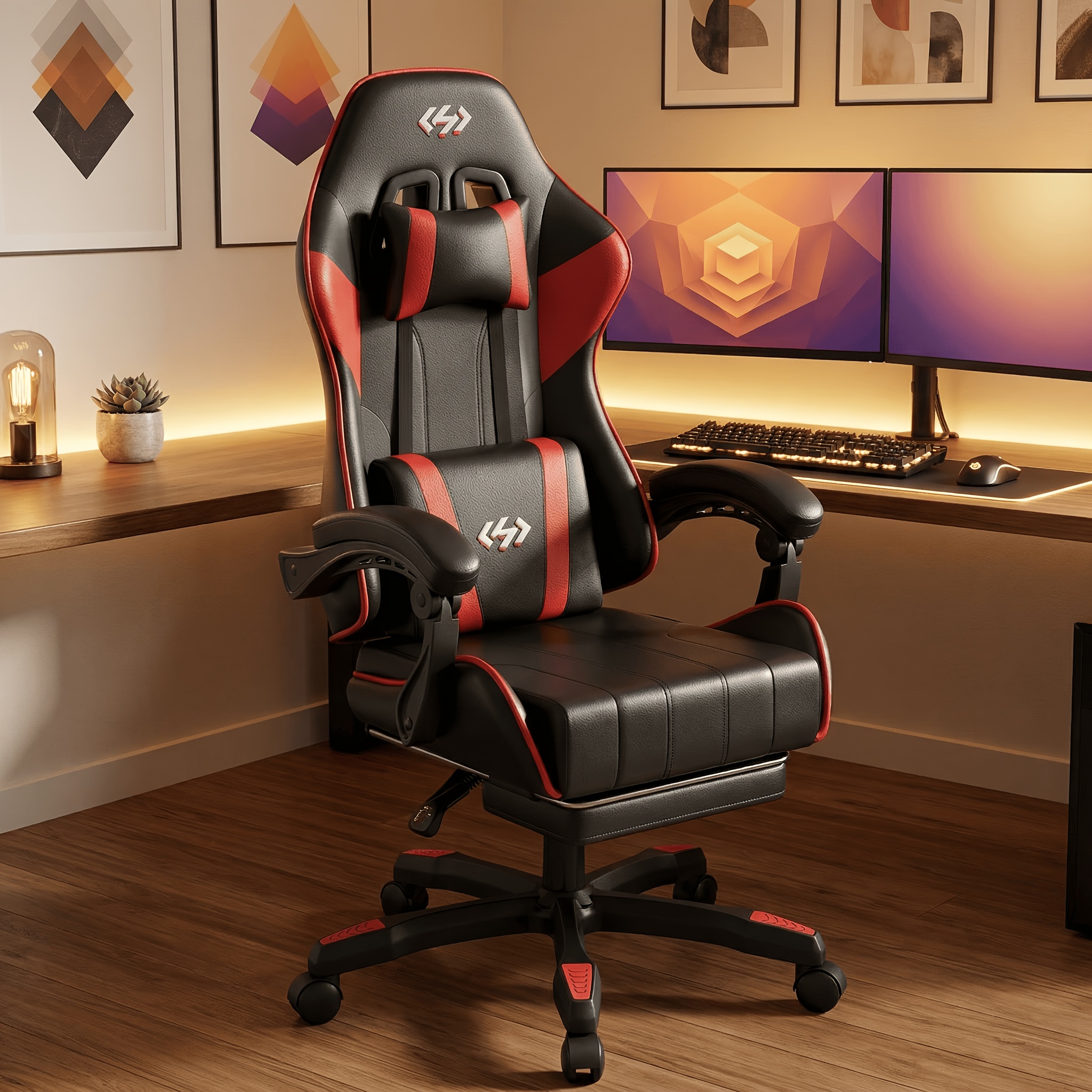TEMU Fauteuil de gaming, chaise de bureau ergonomique pour ordinateur avec support lombaire, -pieds et -tête, hauteur et angle du réglables, pivotant