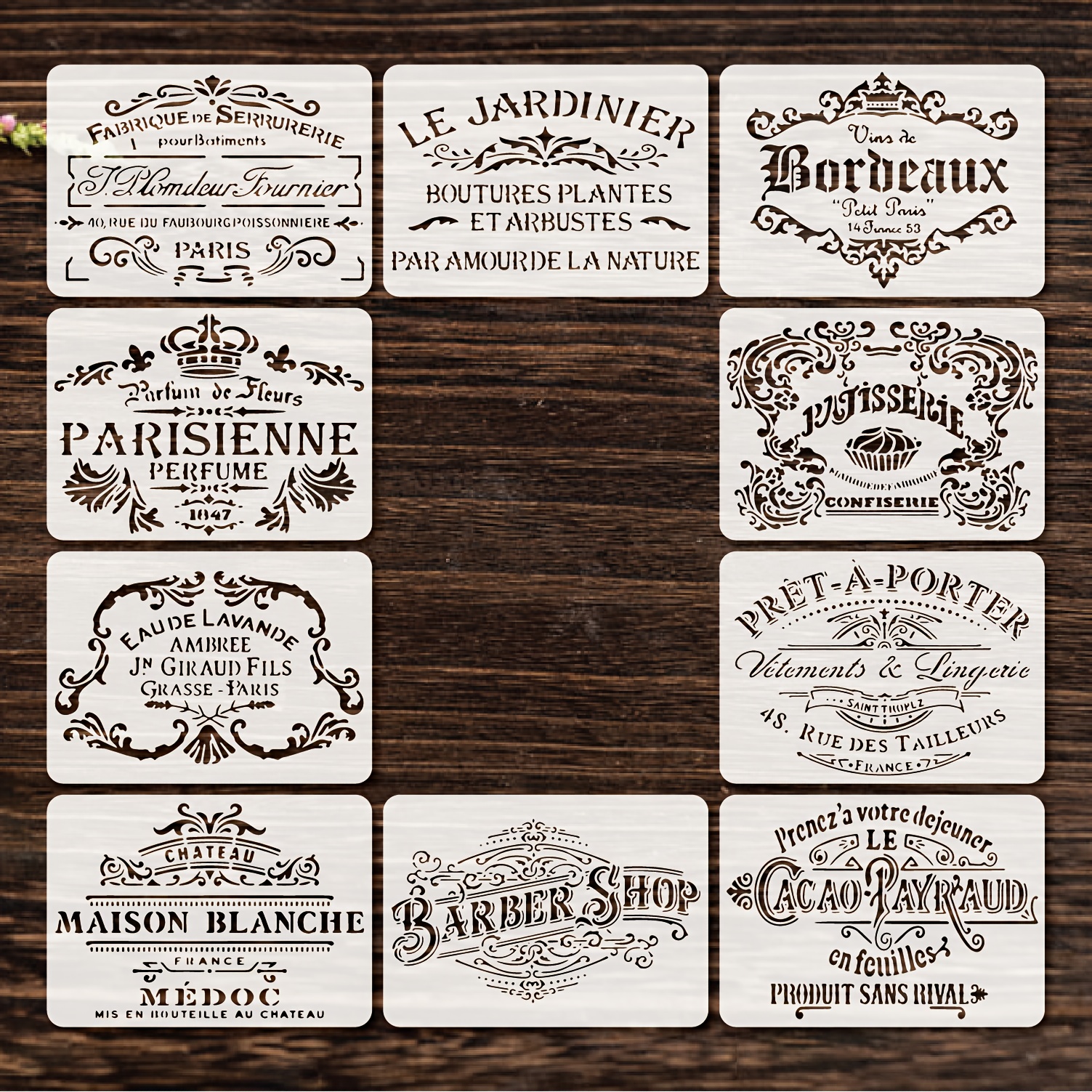E-shop 10 Stück Vintage Englische Serie Wiederverwendbare Plastikschablonen, Elegante Designs für DIY Sprühmalerei, Leckdruck & Graffiti-Kunst, für