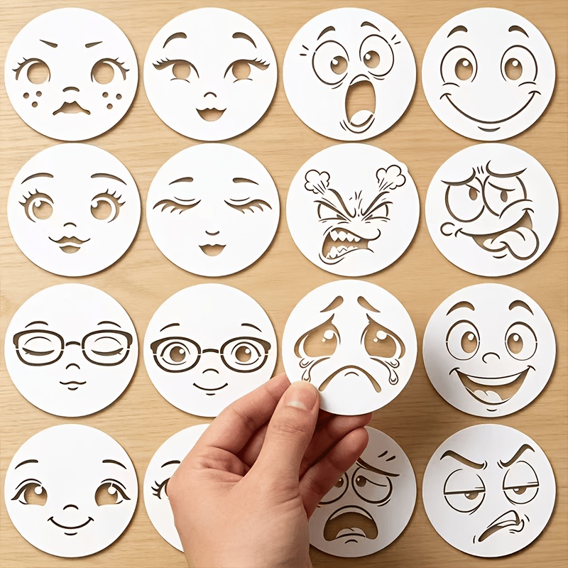 Image of 16pcs Reusable Colorable Face Painting Templates With 16 Faces Suitable For Diy Doll Making, , Rock Painting, Wall Decor, Graffiti & For Home Crafts - Washable For Embroidery Templates