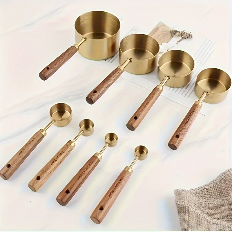 

8pcs Set Stainless Steel Measuring Cups And Spoons With Acacia Wood Handles, Kitchen Baking Tools, Includes & Coffee , Nesting Design For