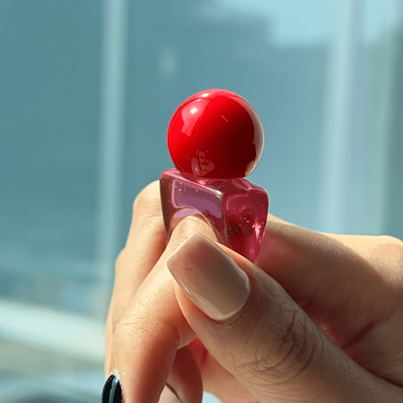 TEMU 1pc Colorful Translucent Artistic Jelly Round Bead Resin Ring, Y2k Exaggerated Cute Jewelry For Women, Suitable For Daily , Summer Beach, Gift