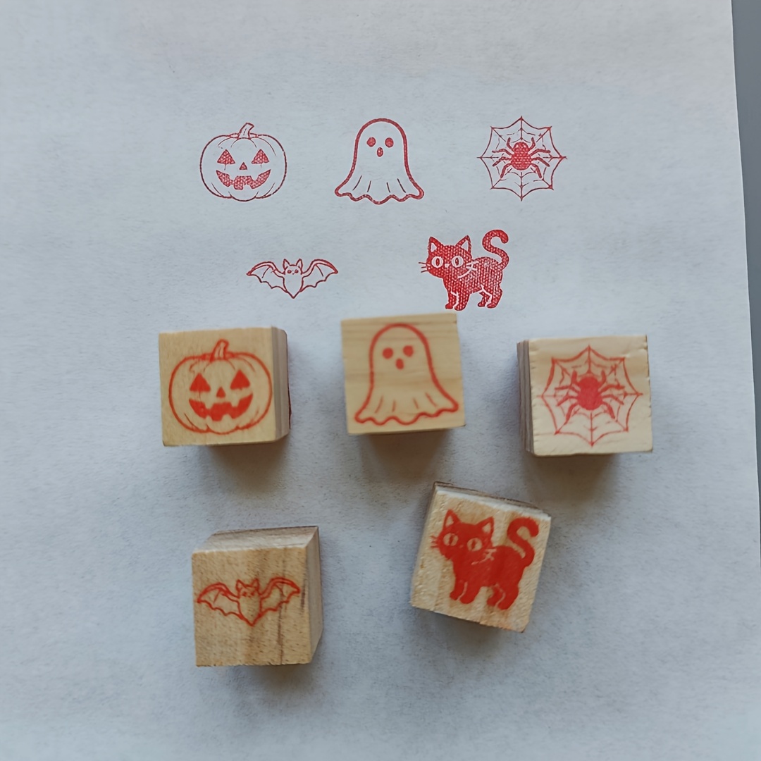 TEMU 5pcs Halloween en bois cristal résine Scrapbook Décoration Couverture Citrouille Lanterne Chauve-souris Araignée Ensemble de tampons de matériel