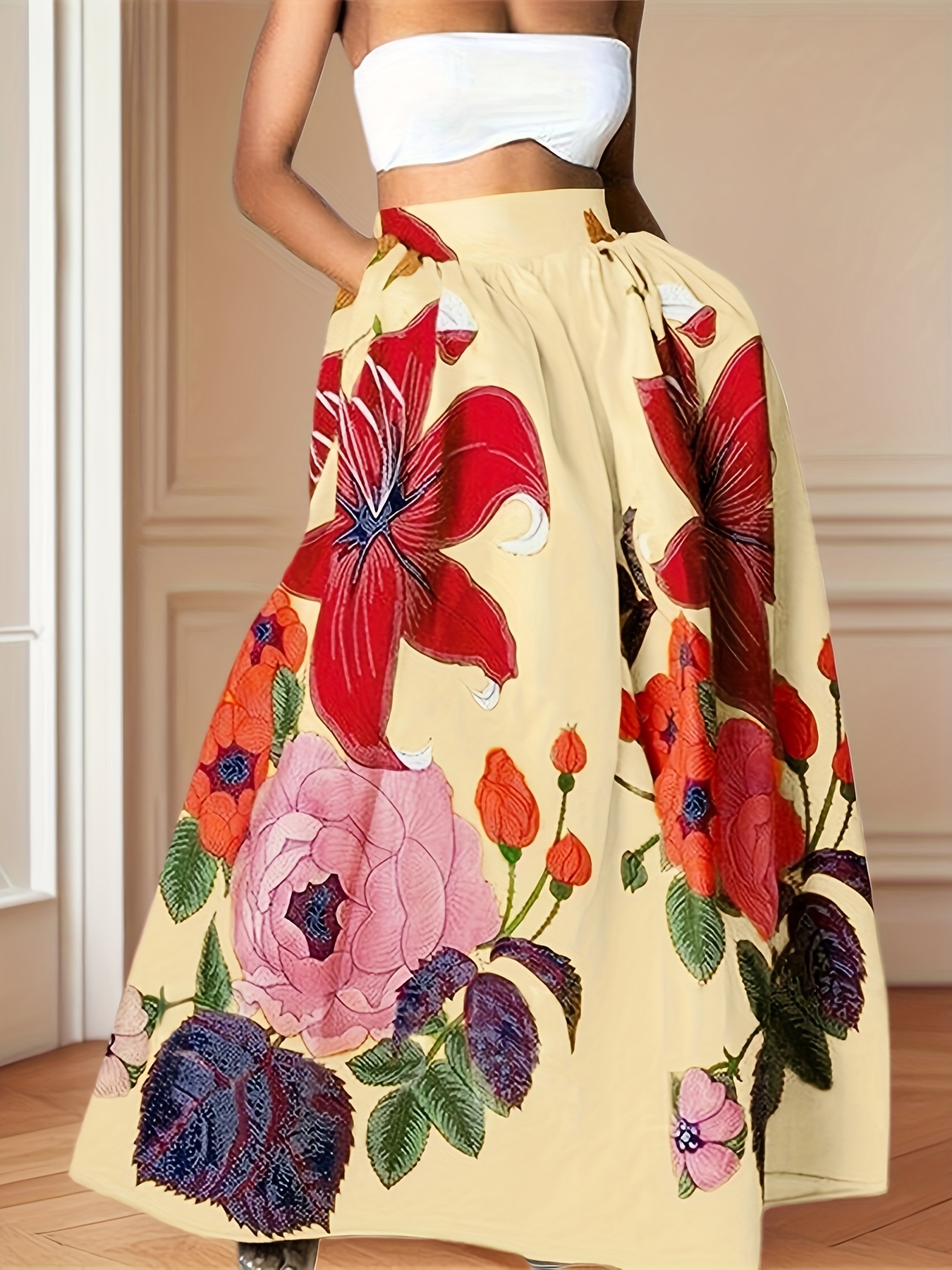 womens bohemian floral print long skirt pockets elastic Temu